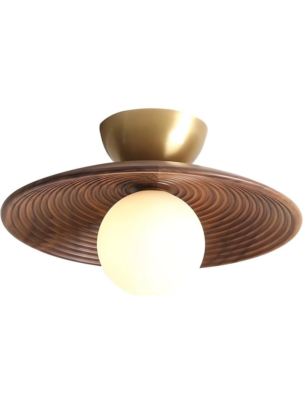 Chinese Ash Real Wood Flush Mount Ceiling Light Glass Globe Brass Mid Century